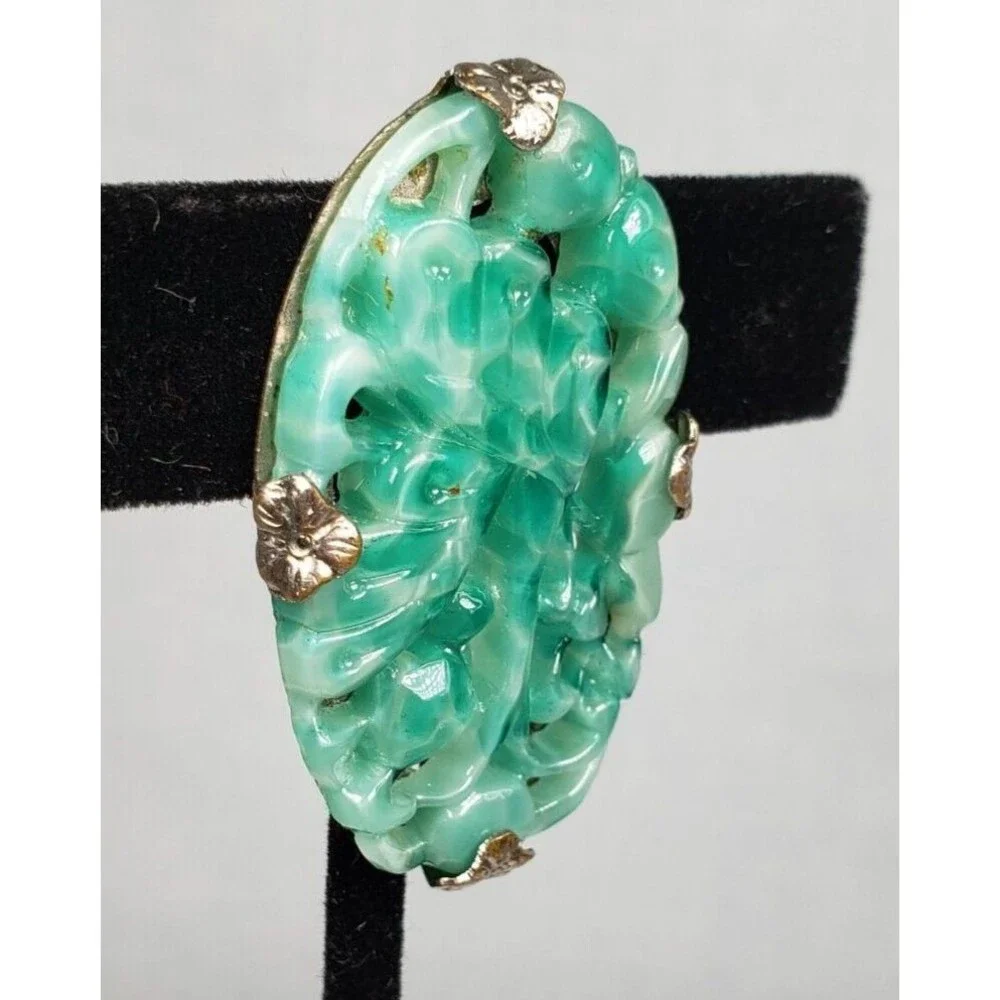 Vintage 1900 - 1920 Art Deco Carved Butterfly Jadeite Jade Silver Tone Brooch - Picture 9 of 14